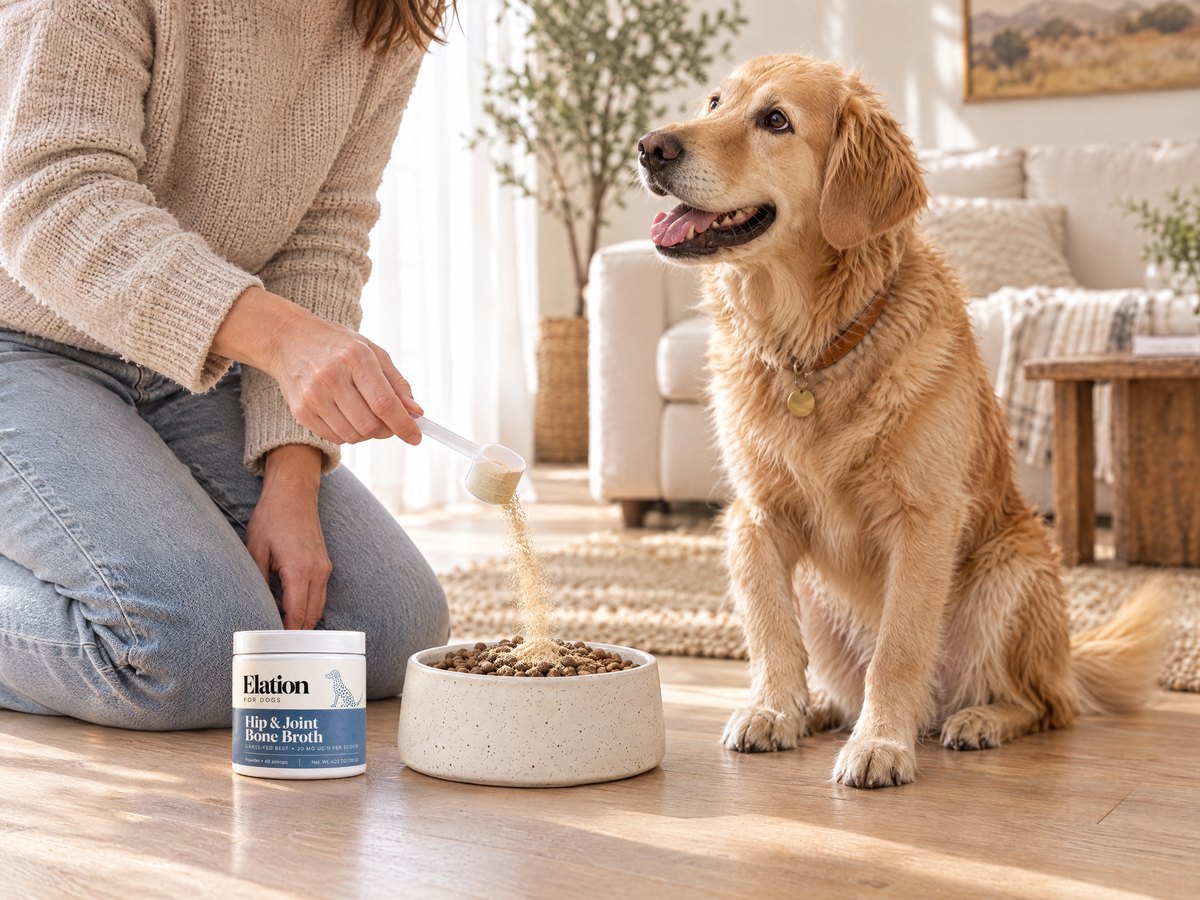 In a sunny living room, a golden retriever sits looking up at its owner as she kneels and sprinkles Elation powder from a clear scoop over a bowl of kibble, a jar of Elation beside it.