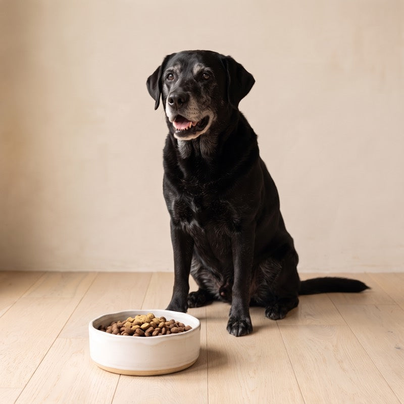 A senior black Labrador with a grey muzzle sits beside its bowl of kibble.