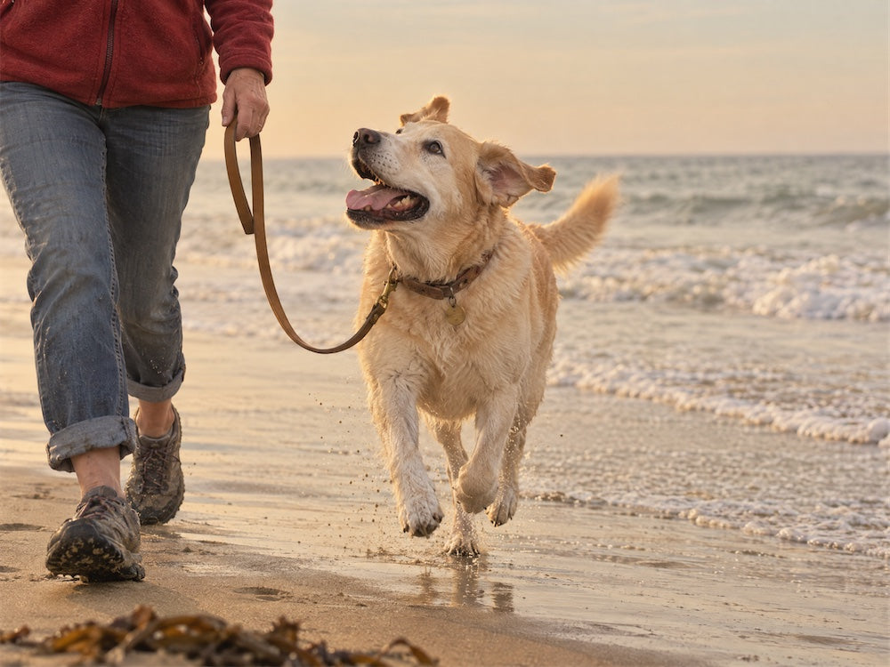 On a beach at sunset, a senior yellow Labrador canters happily through the shallows beside its owner, looking up at her.