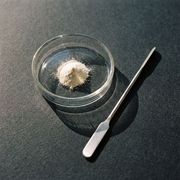 A small mound of ivory UC-II powder in a glass dish beside a steel spatula, on a charcoal background.