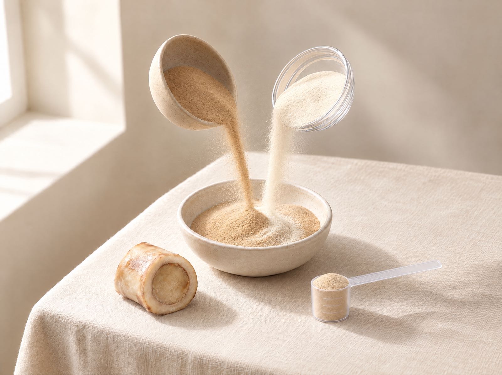 Light-brown bone broth powder and ivory UC-II powder pour into one bowl and blend into a cream-colored powder, beside a roasted marrow bone and a small clear scoop.