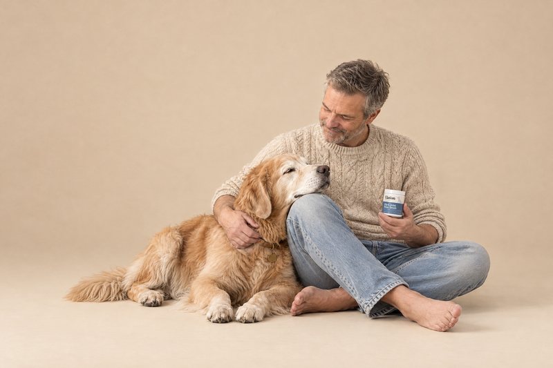 A grey-bearded man in an oatmeal sweater sits barefoot on a warm studio floor, his senior golden retriever resting its chin on his knee; he holds a jar of Elation.